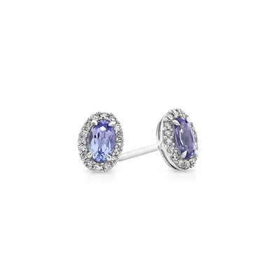Halo Stud Earrings With Tanzanite & 0.12 Carat Tw Of Diamonds In 10kt White Gold