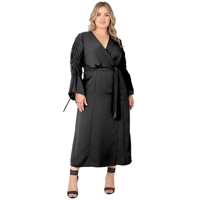 Plus Solid Ruched Long Sleeve Maxi Wrap Dress
