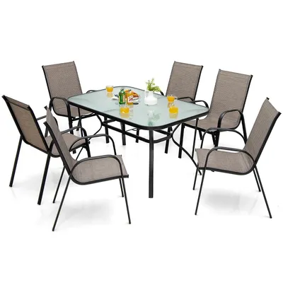 7pcs Patio Dining Set 6 Stackable Chairs Glass Table Umbrella Hole Yard