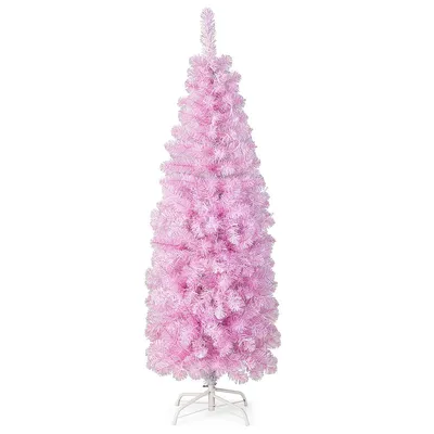 5 Ft/6ft/7ft Pre-lit Christmas Tree Hinged Pencil Xmas Decoration With 190/250/350 Led Lights Pink