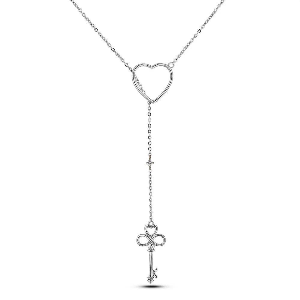 925 Sterling Silver & 10k Yellow Gold 0.03 Ct Canadian Diamond Key To Your Heart Pendant & Chain