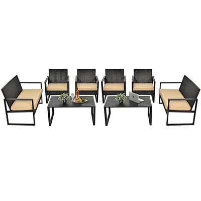 8pcs Patio Rattan Furniture Set Cushioned Sofa Coffee Table Garden Deck Brown