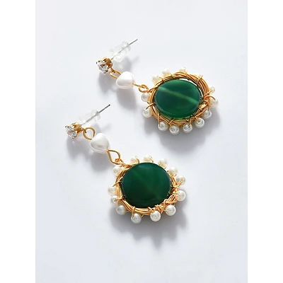 Green Gold-toned Pearl Beaded Drop Earring