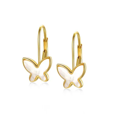 14k Yellow Gold Plated With Mother Of Pearl Butterfly Inlay Dangle Drop Leverback Earrings