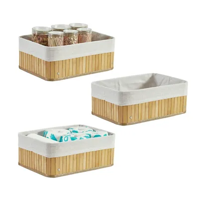 Bamboo Basket With Removable Linen Fabric Storage Bin (pack Of 3)