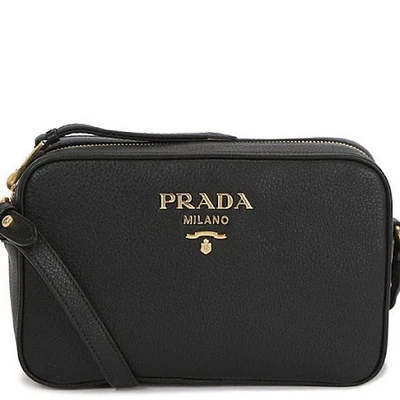 Vitello Phenix Black Leather Gold Logo Camera Crossbody Bag