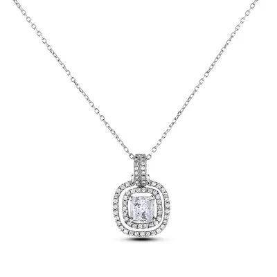 14k White Gold 0.99 Cttw Canadian Diamond Double Halo Pendant & Chain Necklace