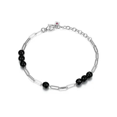 Rhodium-plated Sterling Silver Genuine Black Agate Beads Clip Chain Bracelet