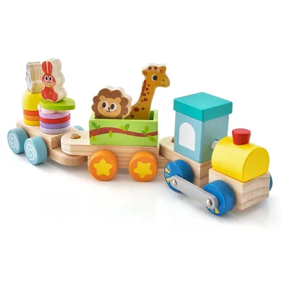 Wooden Stackable Train Set Kids Educational Fun Cars With Animal Toys & Locomotive