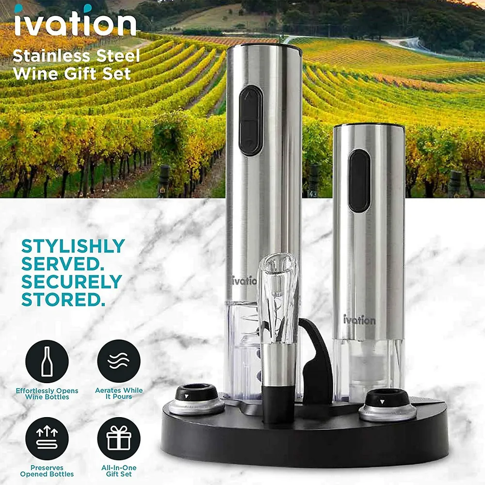 Wine Gift Set, Includes Stainless Steel Electric Wine Bottle Opener, Wine Aerator, Electric Vacuum Wine Preserver, 2 Bottle Stoppers, Foil Cutter