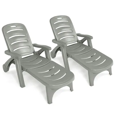 2 Pcs Folding Chaise Lounge Chair 5-position Adjustable Recliner Greyturquoisebrownwhite