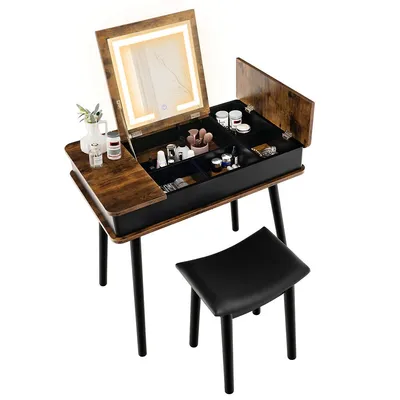 Vanity Table Set W/ Flip Top Mirror Lights Usb Port Cushioned Stool Writing Desk