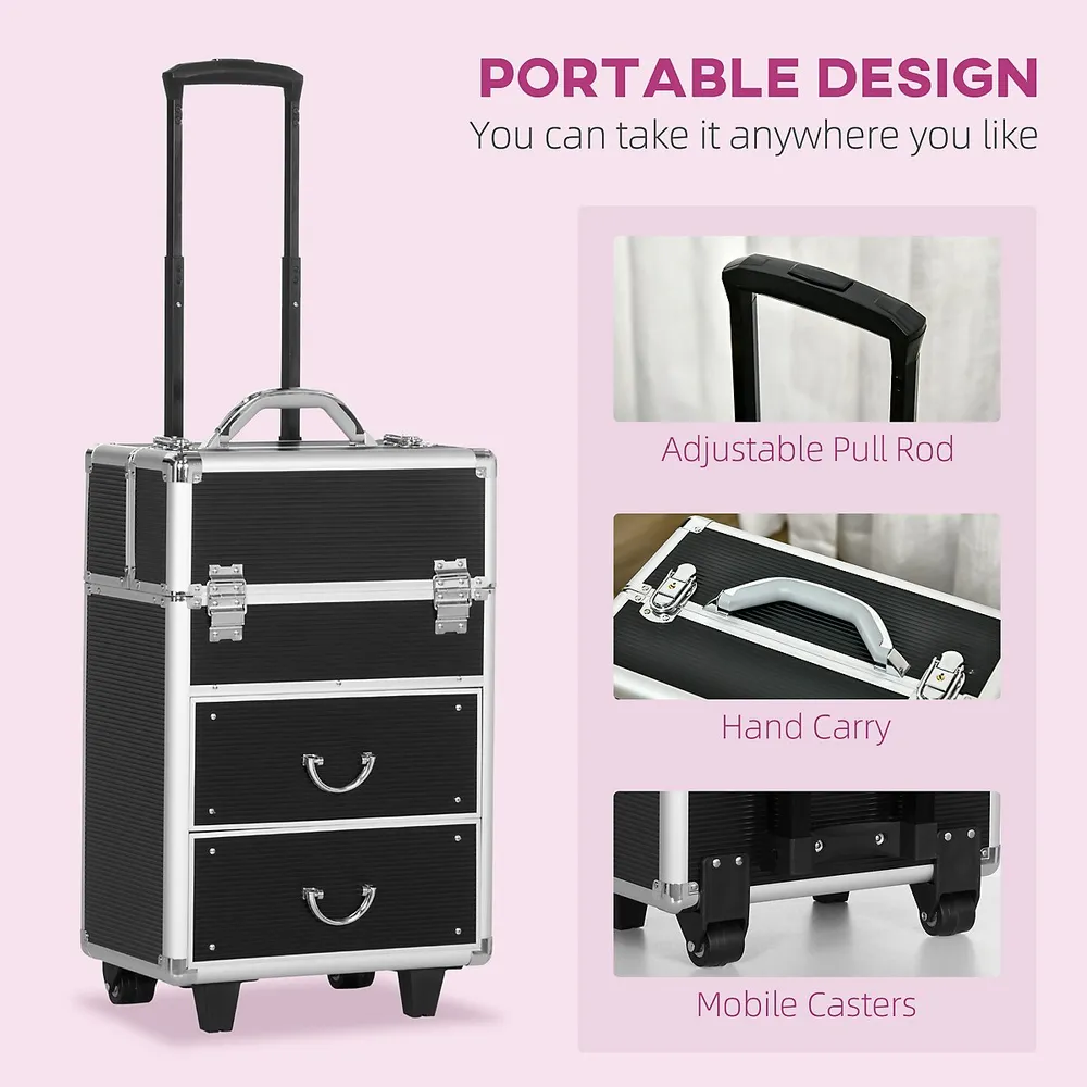 Rolling Makeup Train Case With Folding Trays And Keys Black
