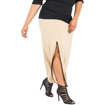 Plus Women's Champagne Black Stretch Zip Up Split Maxi Skirt