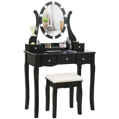 Vanity Table Set W/10 Light Bulbs And Touch Switch Makeup Dressing Table Black