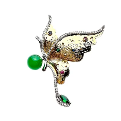 Green Chalcedony Jade Bead Gold Butterfly Brooch