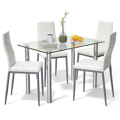 5pcs Dining Set Table & 4 Chairs Glass Metal Kitchen Breakfast Furniture