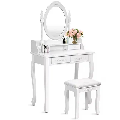 Makeup Vanity Set, Dressing Table With Cushioned Stool, 360-degree Rotating Mirror, 4 Drawers For Cosmetics, Jewelry - 2871
