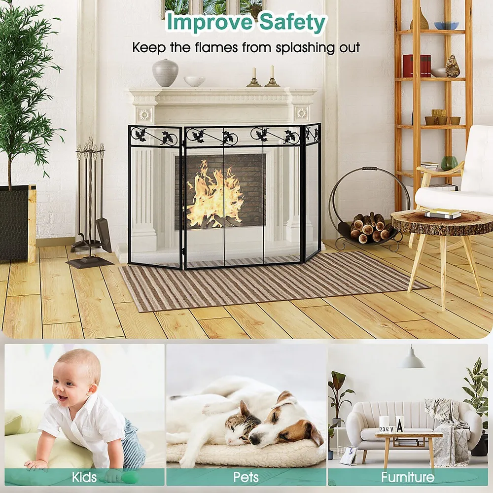 3-panel Fireplace Screen Decor Cover Pets Baby Child Safty Folded Fire Doors