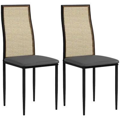 Dining Chairs Set Of 2 With Rattan Back, Pu Leather Seat