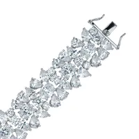Sterling Silver White Gold Plating With Clear Cubic Zirconia Wide Flower Bracelet
