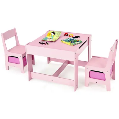 3 In 1 Wood Activity Table Chair Set W/storage Box Pink