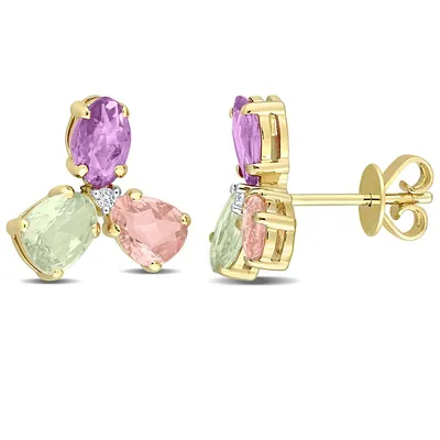 Multi Color Sapphire And Diamond Accent 3-stone Stud Earrings In 14k Yellow Gold