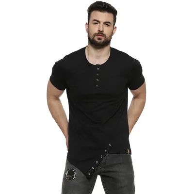 Self Design Men Round Neck Black Stylish Casual T-shirt