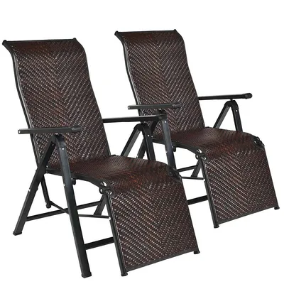 2pcs Patio Rattan Folding Lounge Chair Recliner Back Adjustable Beach Yard Pool