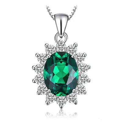 1.7 Ct Oval Green Lab Created Nano Emerald Halo Necklace 0.925 Sterling Silver
