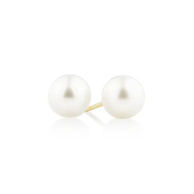 Stud Earrings With 7mm Round Cultured Freshwater Pearls In 10kt Yellow Gold
