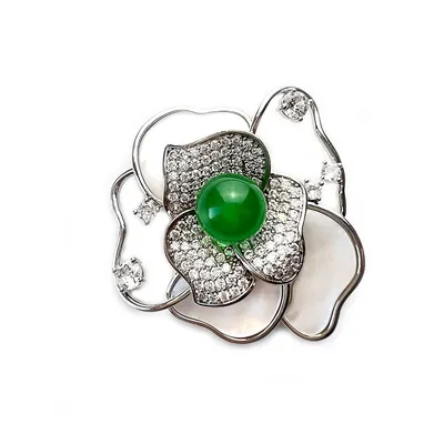 Green Chalcedony Jade, Shell And Crystal Rose Brooch