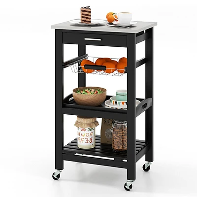 Compact Kitchen Island Cart Rolling Service Trolley With Stainless Steel Top Basket
