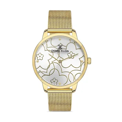 36mm Large Face Flower Floral Dial Watch For Women, Mesh Strap, Analog, Quartz, Colored