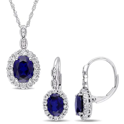 2-piece Set Created Sapphire, White Topaz And Diamond Accent Vintage Oval Necklace And Earrings In 14k White Gold