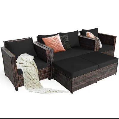 5pcs Patio Rattan Furniture Set Loveseat Sofa Ottoman Cushioned