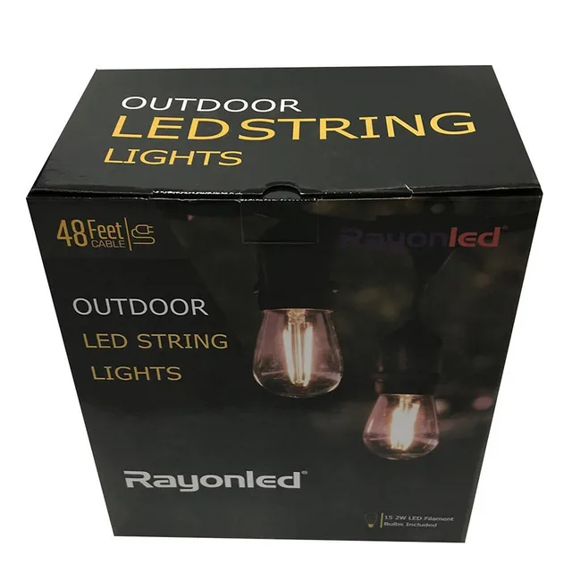 48Ft Outdoor String Light Weatherproof 15 Hanging Sockets S14/E26 2W, 15  LED Bulbs Included