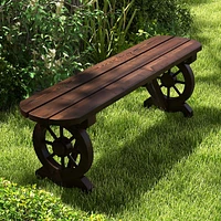 Patio Rustic Wood Bench With Wagon Wheel Base Slatted Seat Design 710 Lbs Max Load