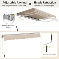 Outdoor Patio Retractable Awning Polyester Sunshade Cover W/ Manual Crank Handle Deck