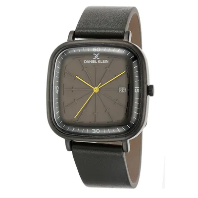 Mens 40mm Analog Square Watch with Leather Strap and Yellow Dial Hands