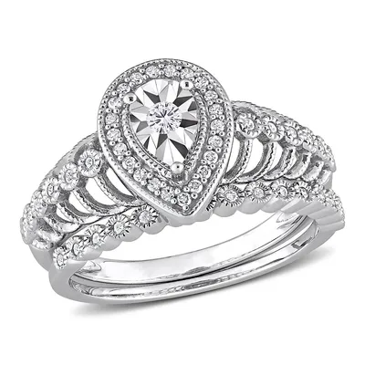 1/3 Ct Tw Diamond Teardrop Halo Bridal Ring Set Sterling Silver