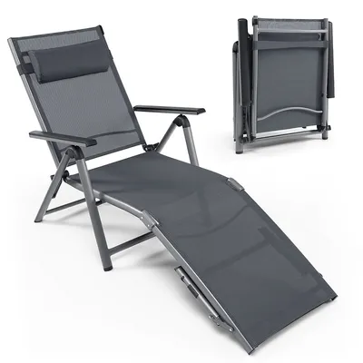 Patio Folding Aluminum Lounge Chair Chaise Adjustable Back Armrest Headrest