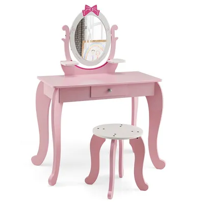 Kid Vanity Table Stool Set With Adjustable Mirror Storage Drawer Makeup Pink