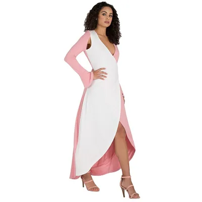 Curvy Pink & White Flare Sleeve Jersey Wrap Maxi Dress