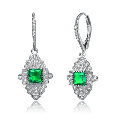 Sterling Silver White Gold Plated With Colored Cubic Zirconia Drop Earrings