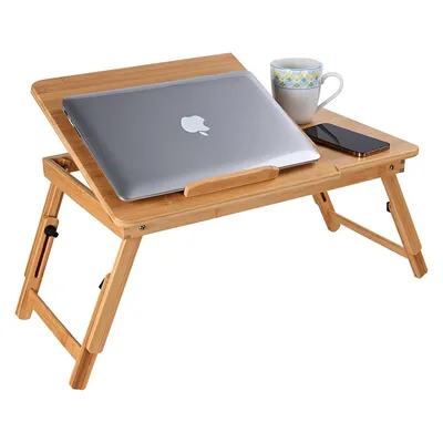Bamboo Laptop Stand, Bed Desk Table Tray with Cooling Fan Foldable Legs Tilting Top