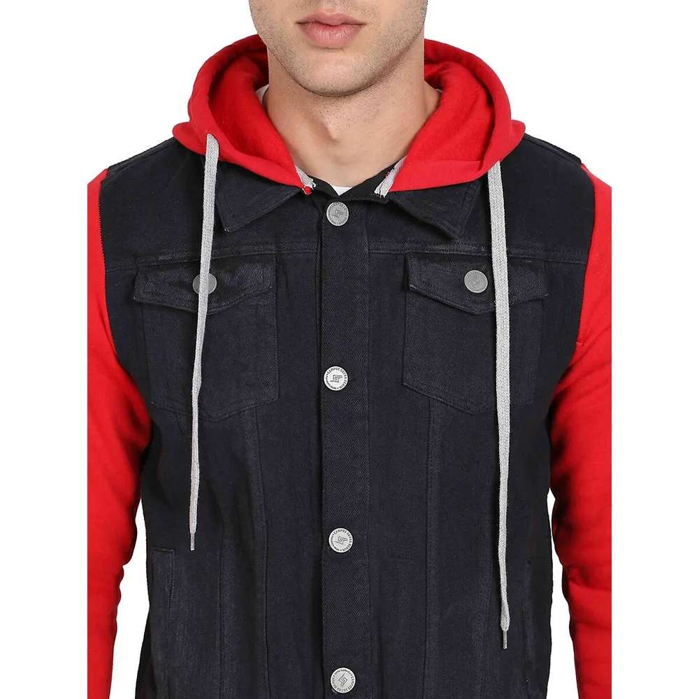 Men's Sleeveless Denim Vest Detachable Maroon Hoodie