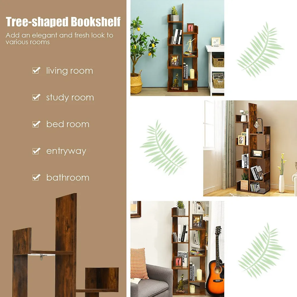 Costway 8-shelf Bookcase Freestanding Tree shelf Display Storage Stand  Coffee