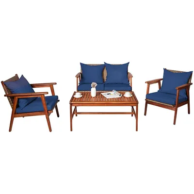 4pcs Patio Rattan Furniture Set Acacia Wood Frame Cushioned Sofa Chair