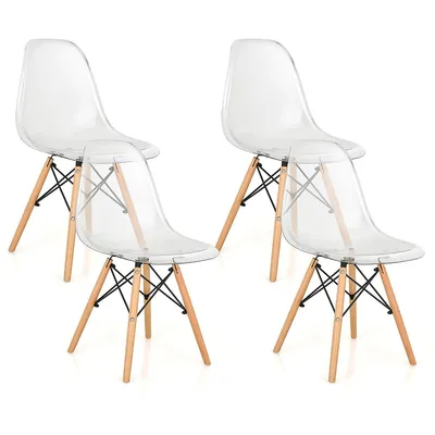 Costway Set Of 4 Dining Chairs Modern Plastic Shell Side Chair W/ Clear Seat & Wood Legs